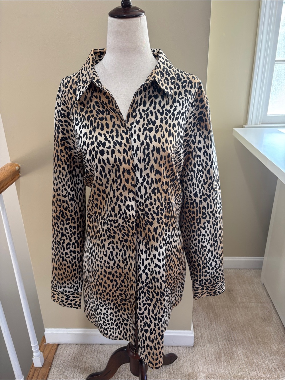 Chico's Leopard Print Cotton Button-Down Tunic Shirt Size 3 EUC